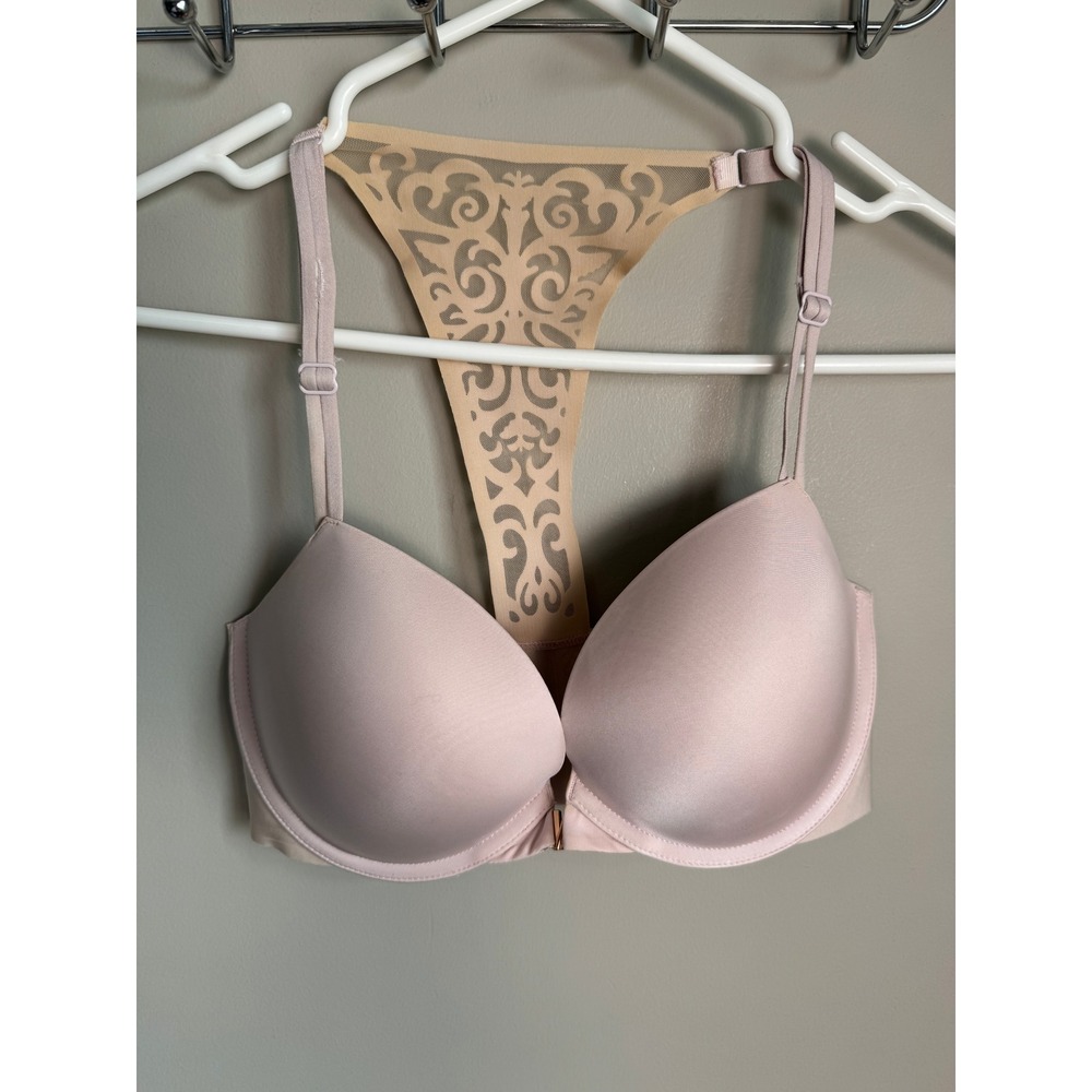 Victoria's Secret Racerback Plunge Bra Pink Laser Cut Filigree Front Close 32DD